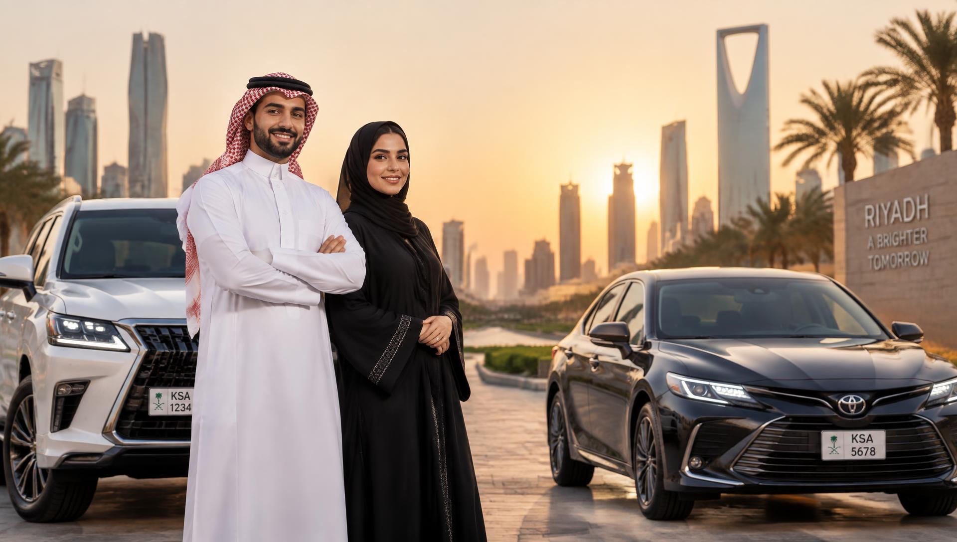 شاب وفتاة سعوديان أمام سيارات فاخرة وأفق مدينة سعودية عند الغروب